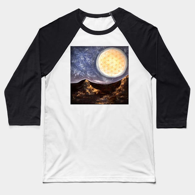 Sacred geometry - moon with flower of life Baseball T-Shirt by monchie